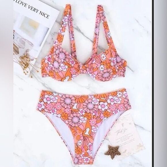 Shein Pink Floral Print Back Underwire Bikini Swimsuit Size Large NWOT 6 0457 - Picture 12 of 14